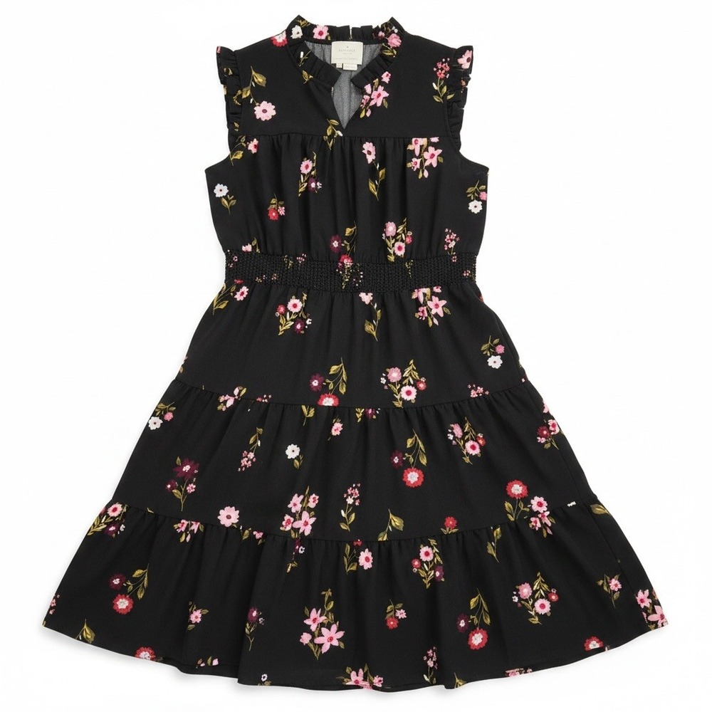 Kate Spade New York Black Floral Smocked Waist Tiered Midi Dress Size M